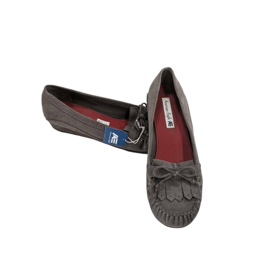 American Eagle Womens Kiltie Loafer Shoes Gray Slip On Moccasins Bow Toe 9.5 New